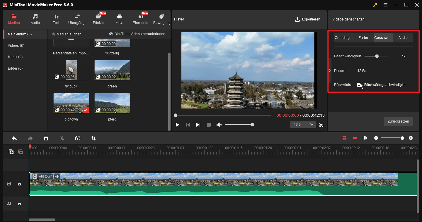 Video-Geschwindigkeit ändern oder Video rückwärts abspielen in MiniTool MovieMaker.