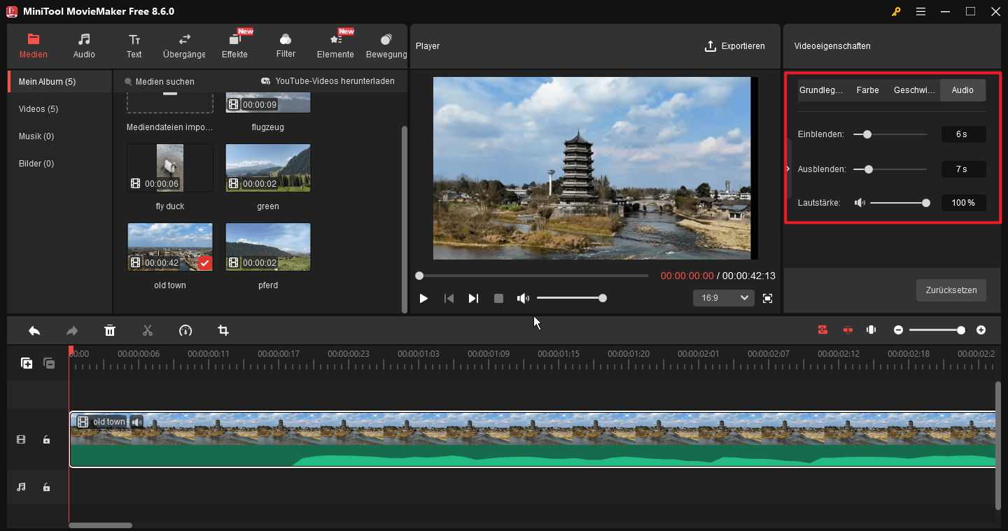 Bearbeiten des in das Video eingebetteten Audios in MiniTool MovieMaker.