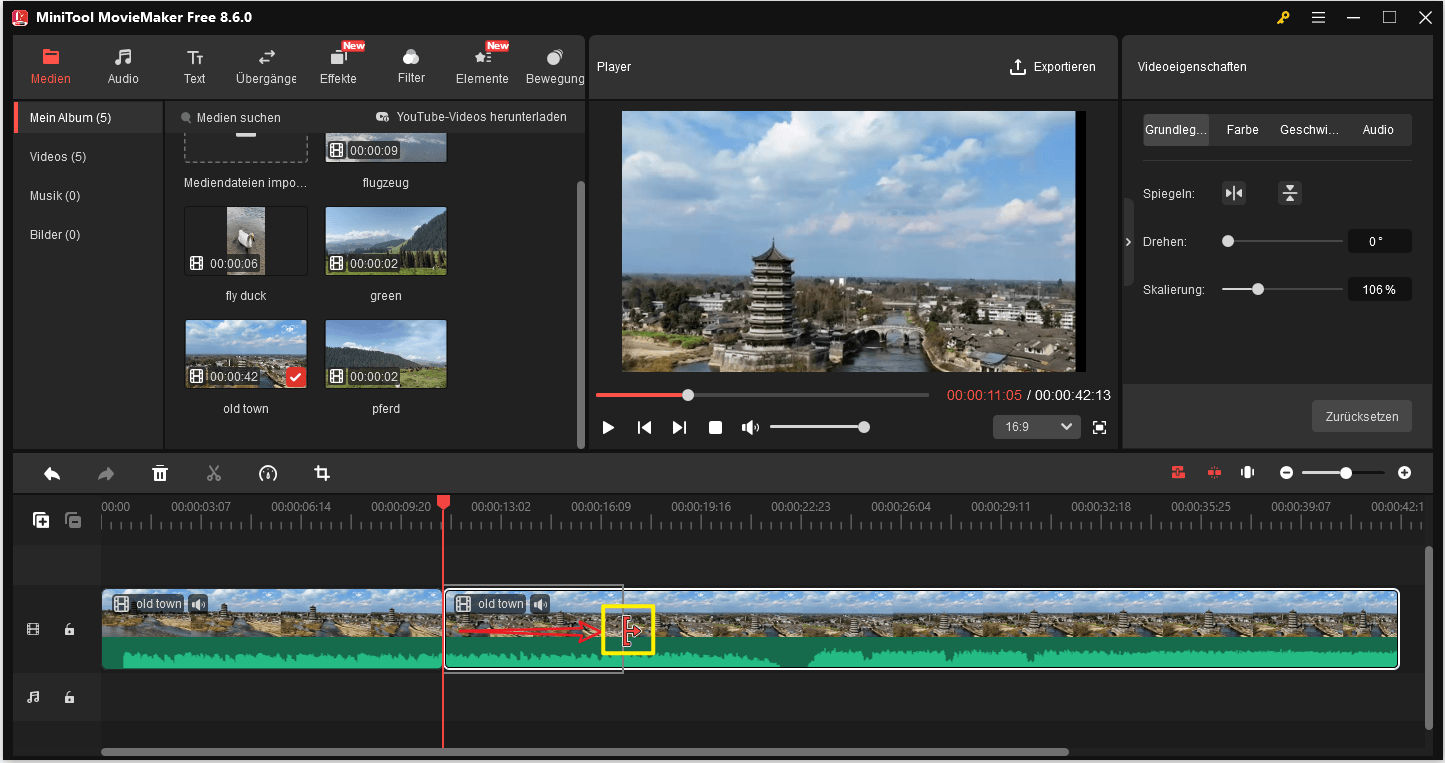 Ändern der Videolänge in MiniTool MovieMaker.