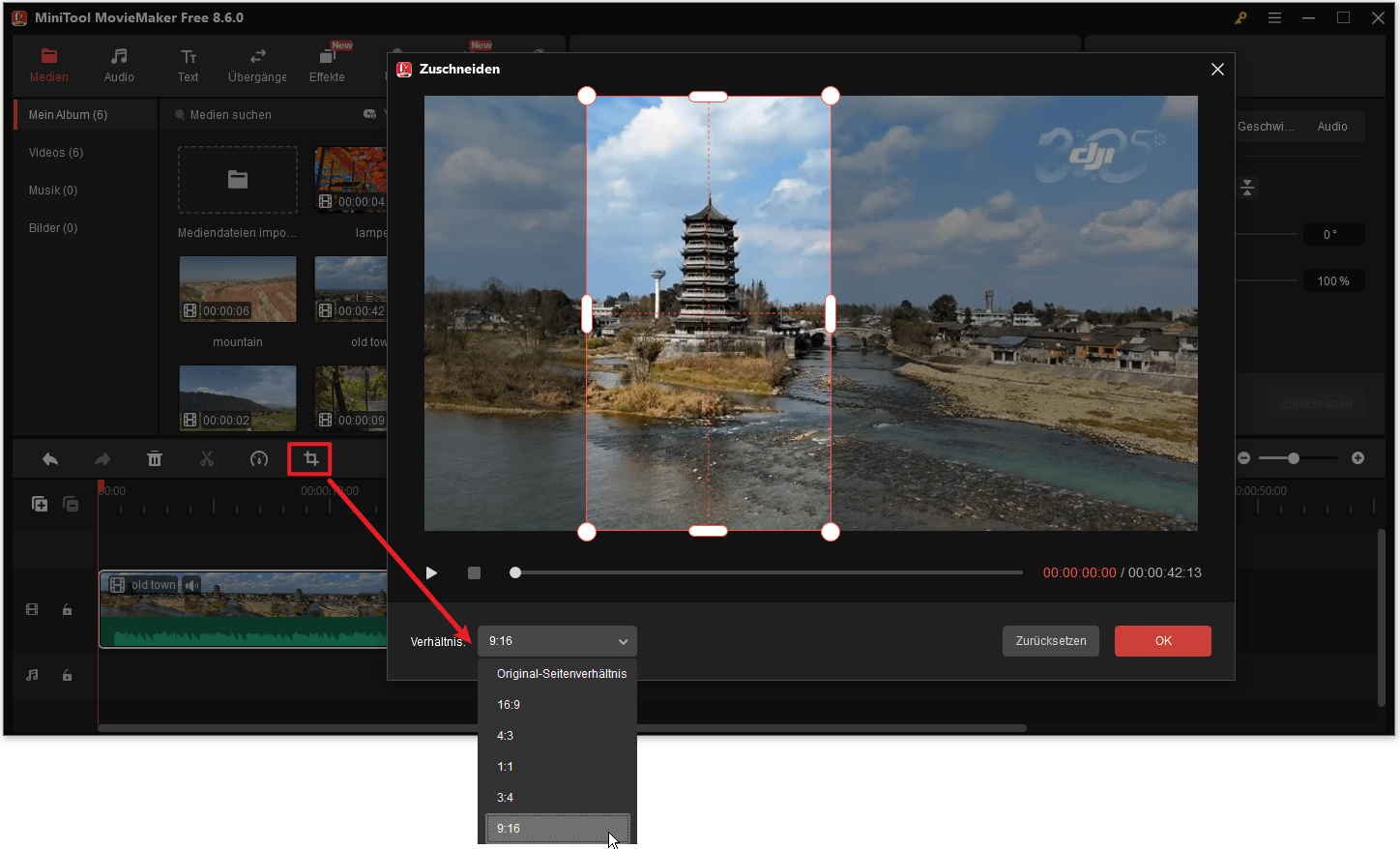Die Benutzeroberfläche von MiniTool MovieMaker zeigt, wie man ein Video zuschneidet.
