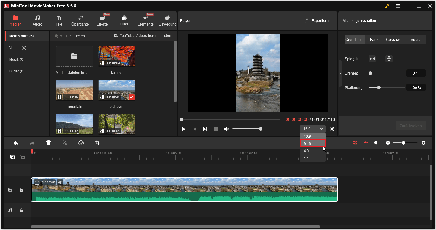 MiniTool MovieMaker-Oberfläche, die zeigt, wie man das Seitenverhältnis der Zeitleiste ändert.