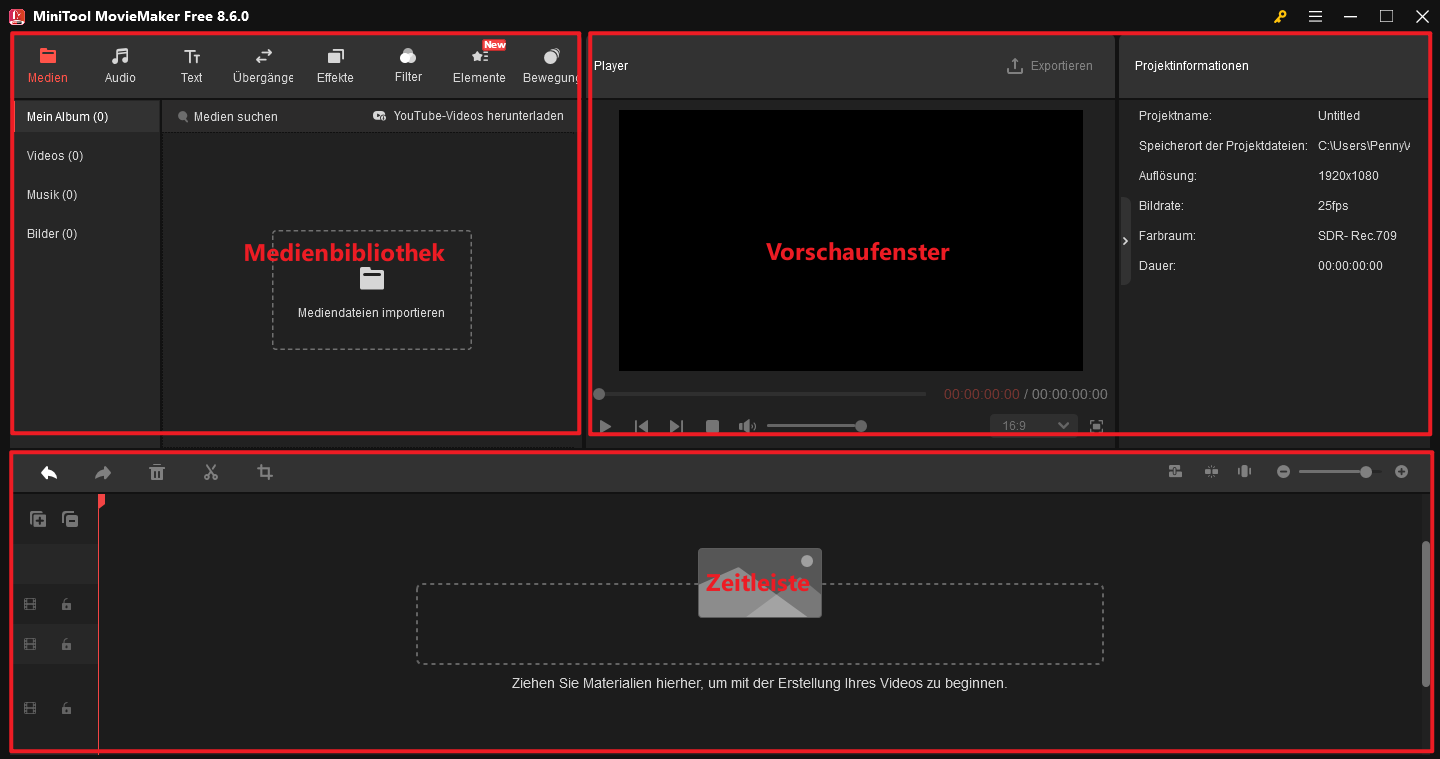 Die verschiedenen Teile von MiniTool MovieMaker zur Videobearbeitung.