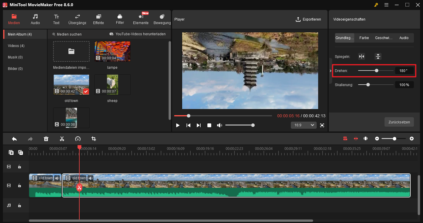 Video in MiniTool MovieMaker um 180 Grad drehen.