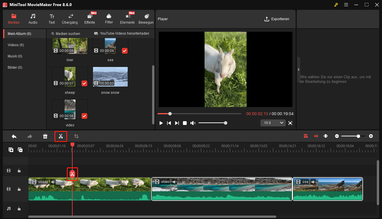 Teilen Sie ein Video, indem Sie auf das Scheren-Symbol in MiniTool MovieMaker klicken.
