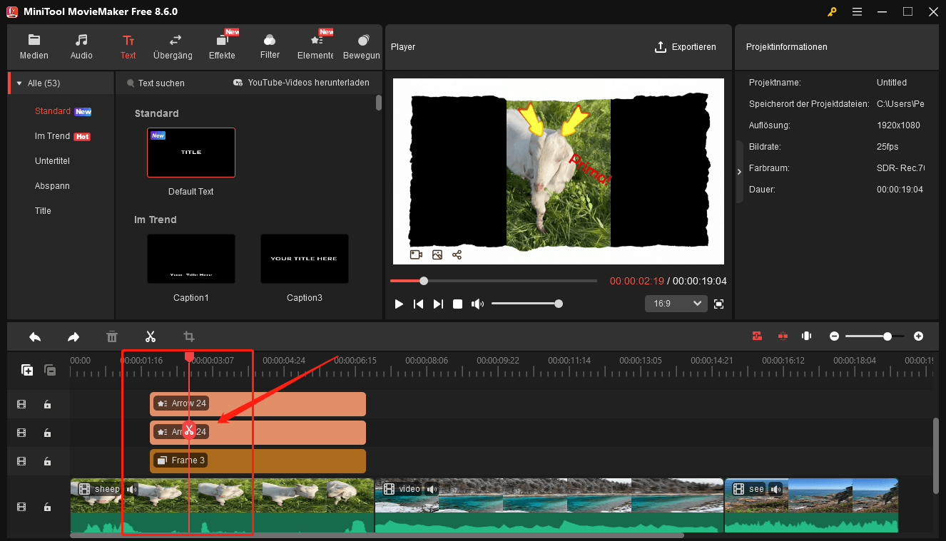 Mehrere Clips gleichzeitig in MiniTool MovieMaker teilen.
