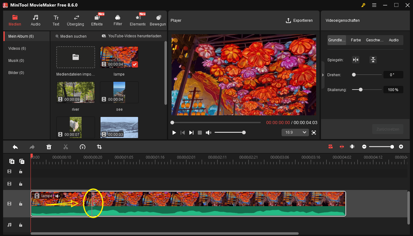 Verwenden Sie den Pfeil, um ein Video in MiniTool MovieMaker zu schneiden.