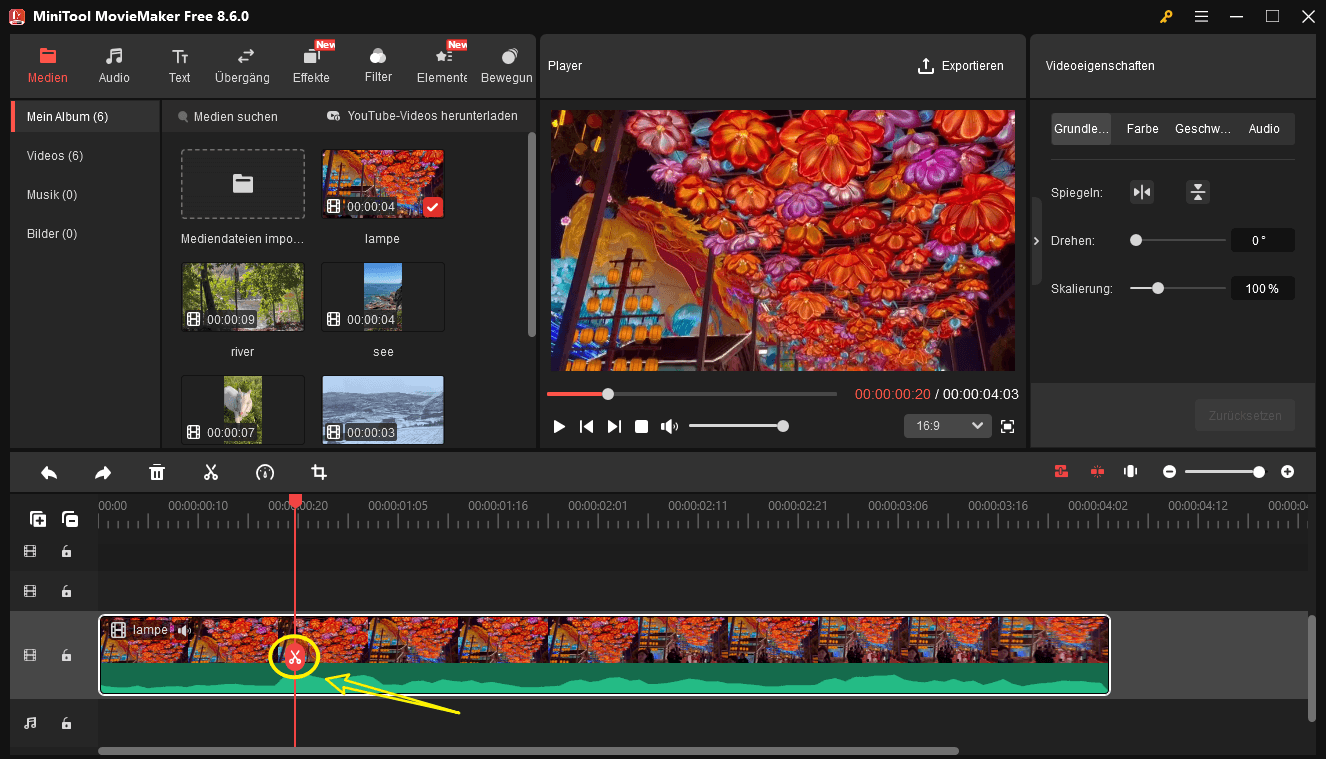 Schnelles Teilen eines Videos in MiniTool MovieMaker.