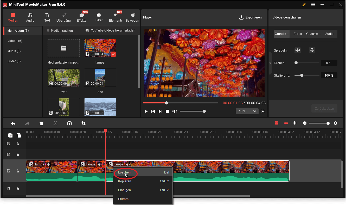 Unerwünschte Teile eines Videos in MiniTool MovieMaker löschen.