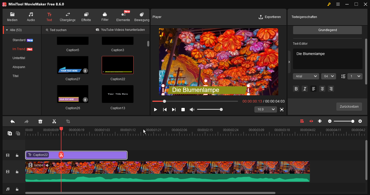 Mit MiniTool MovieMaker Untertitel in das Video hinzufügen.