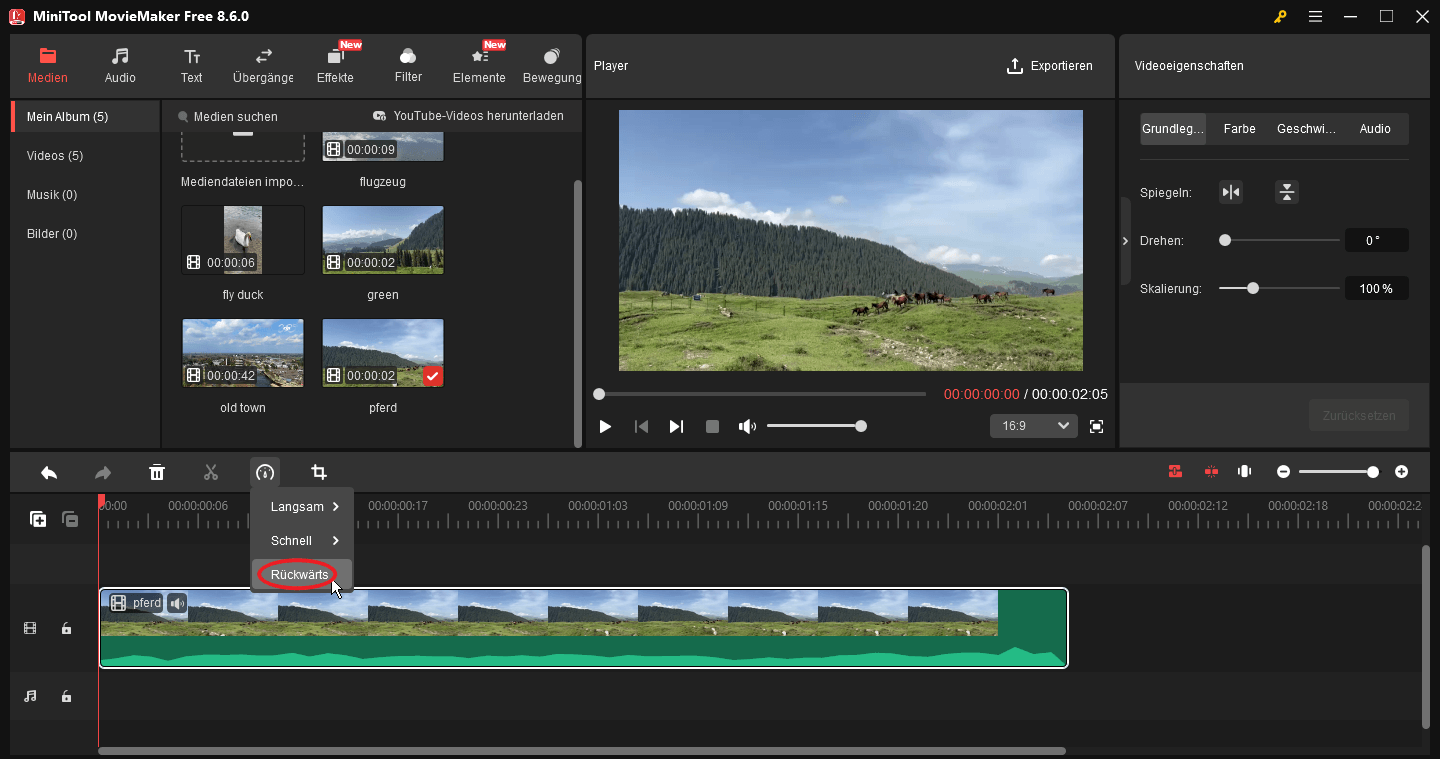 Video über die Symbolleiste in MiniTool MovieMaker umkehren.