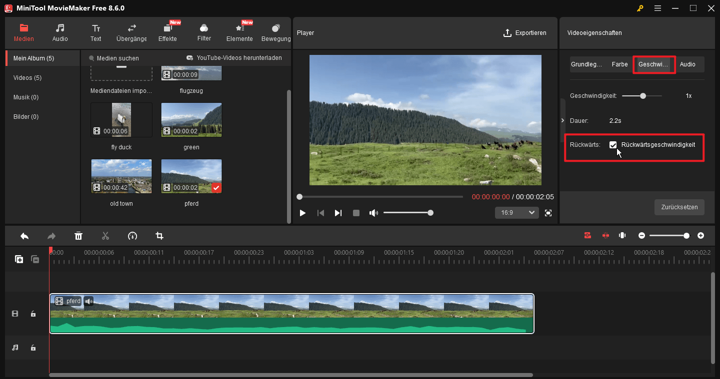 Video über die Videoeigenschaften umkehren.