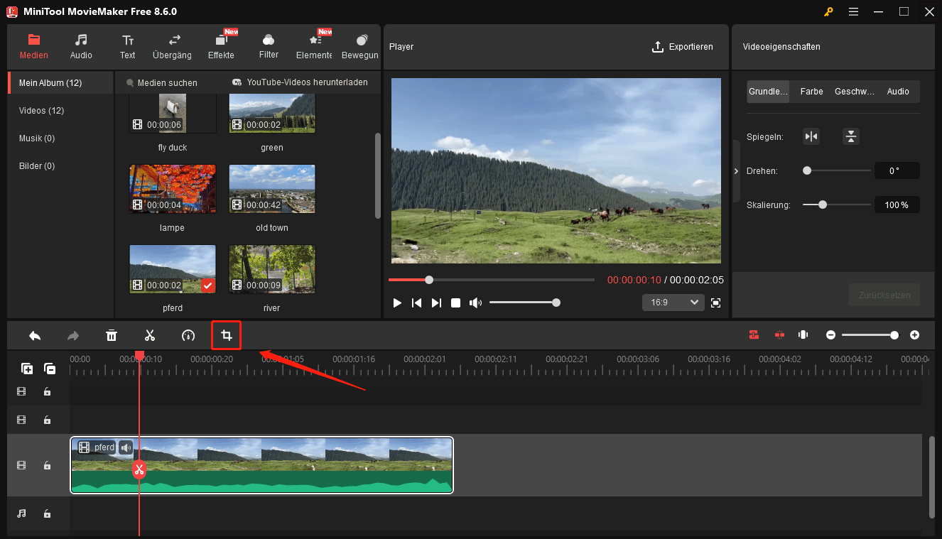 Wählen Sie das Zuschneide-Symbol in MiniTool MovieMaker.