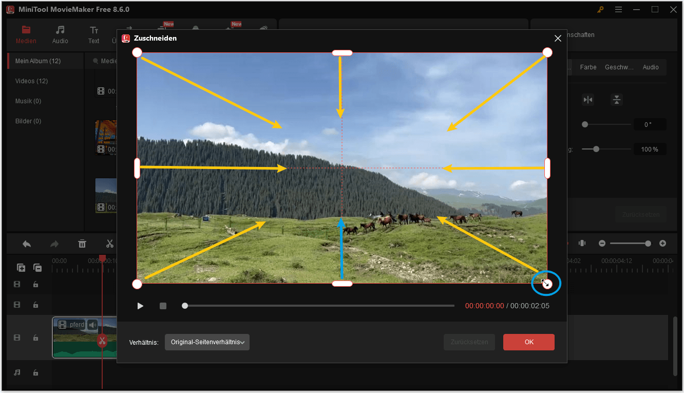 Ein Video in MiniTool MovieMaker aus 8 Richtungen zuschneiden.
