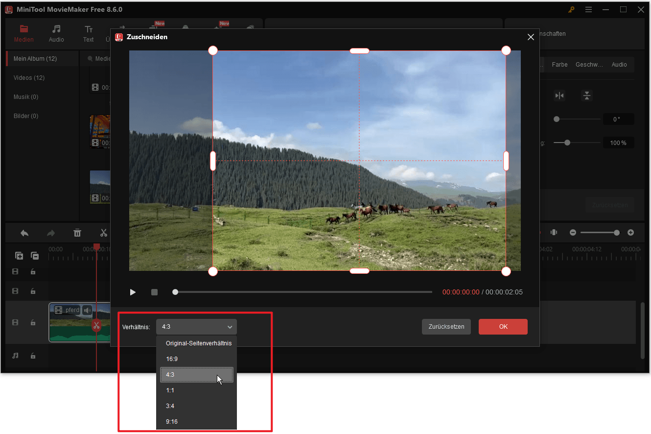 Ein Video mit einem voreingestellten Seitenverhältnis in MiniTool MovieMaker zuschneiden.