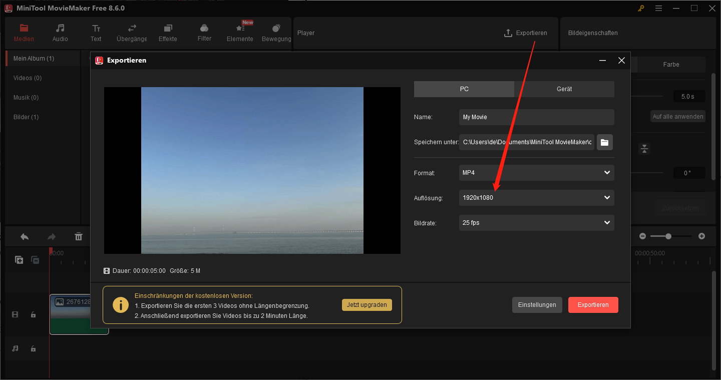 Klicken Sie auf die Schaltfläche Exportieren