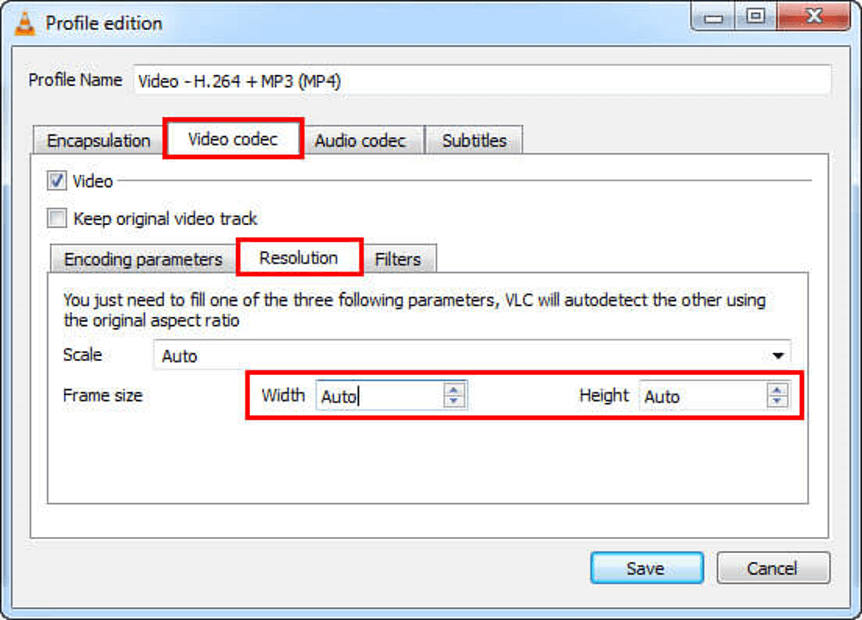 Wählen Sie Video codec und dann die Option Resolution