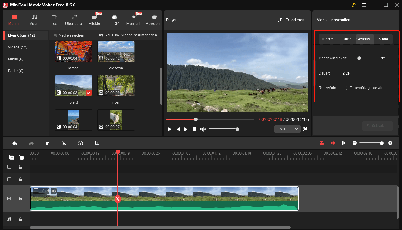 Anpassen der Videogeschwindigkeit in MiniTool MovieMaker.