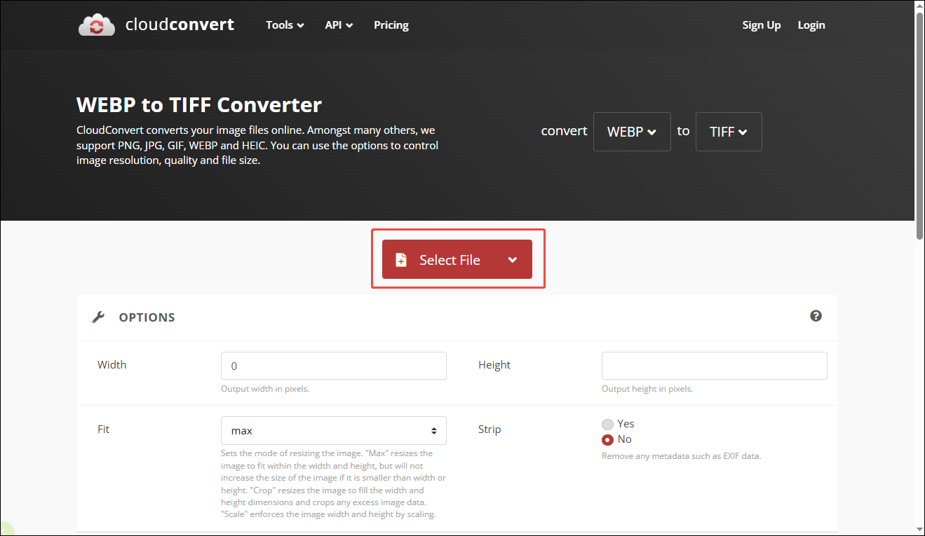 CloudConverter interface showing the highlighted Select File option.