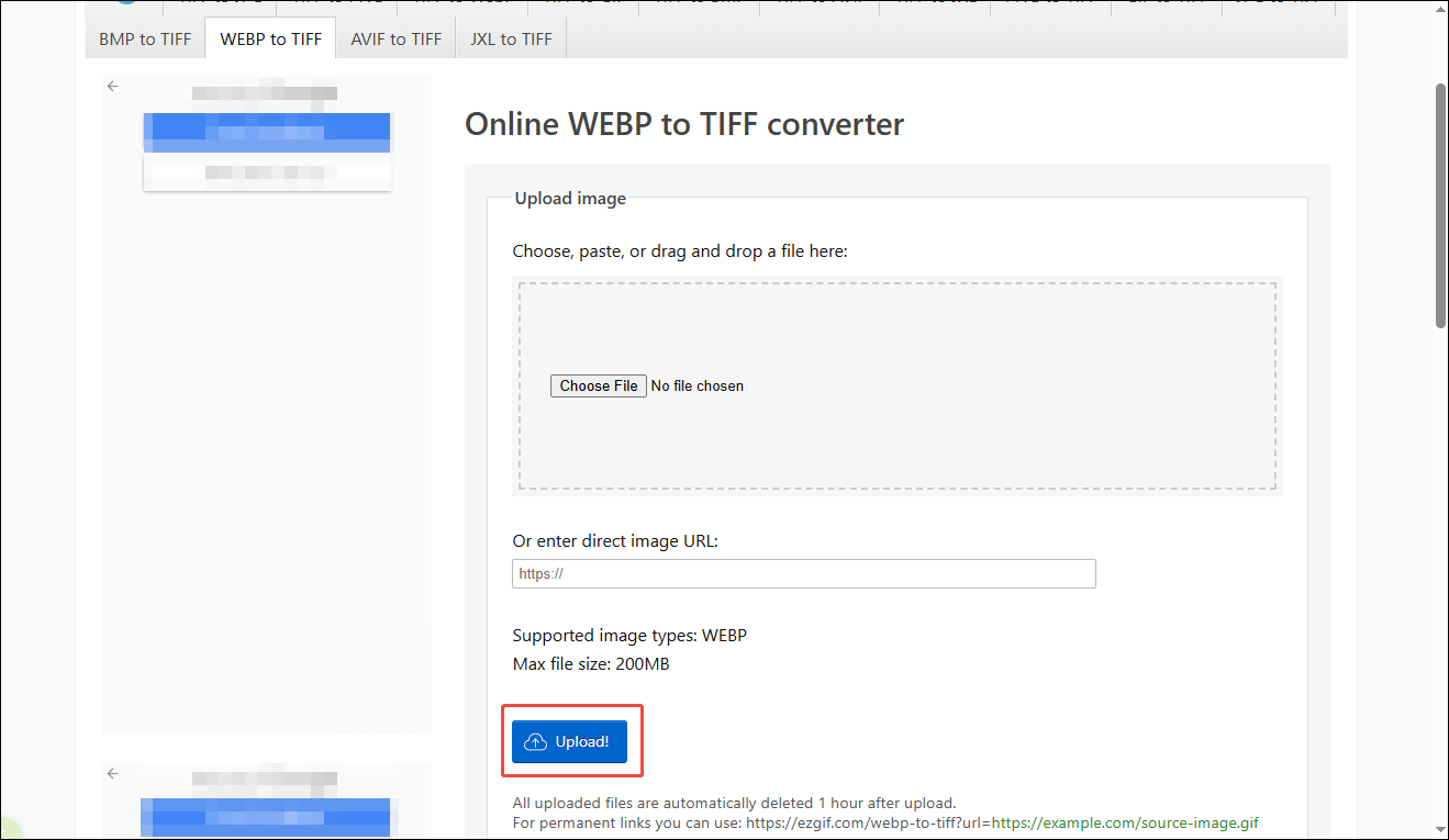 Ezgif interface showing the highlighted Upload option.