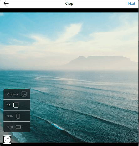 Zuschneiden eines Videos auf der Website von Instagram.