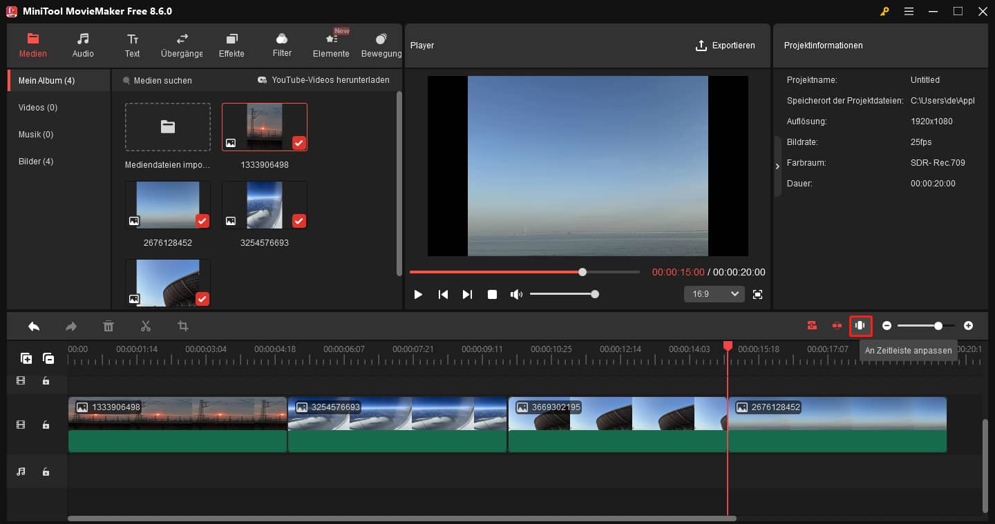 Klicken auf die Schaltfläche Zoom to Fit Timeline.