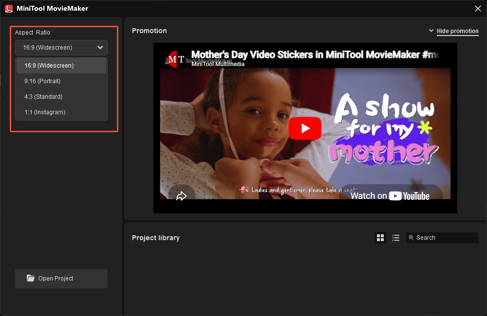 MiniTool MovieMaker initial popup with the Aspect Ratio option list expanded and highlighted.