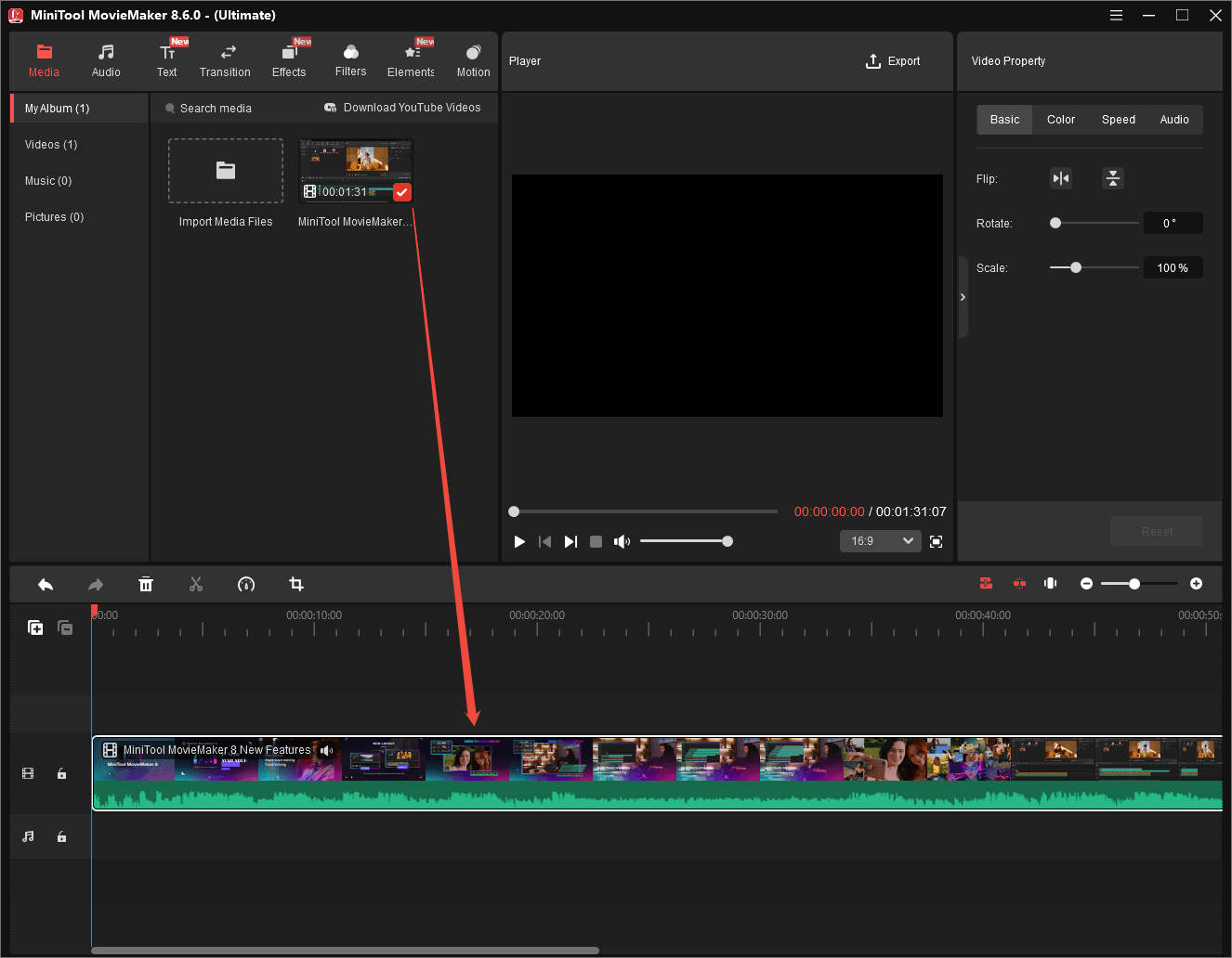 MiniTool MovieMaker interface with an arrow pointing from a video in the media library to the same video on the timeline.