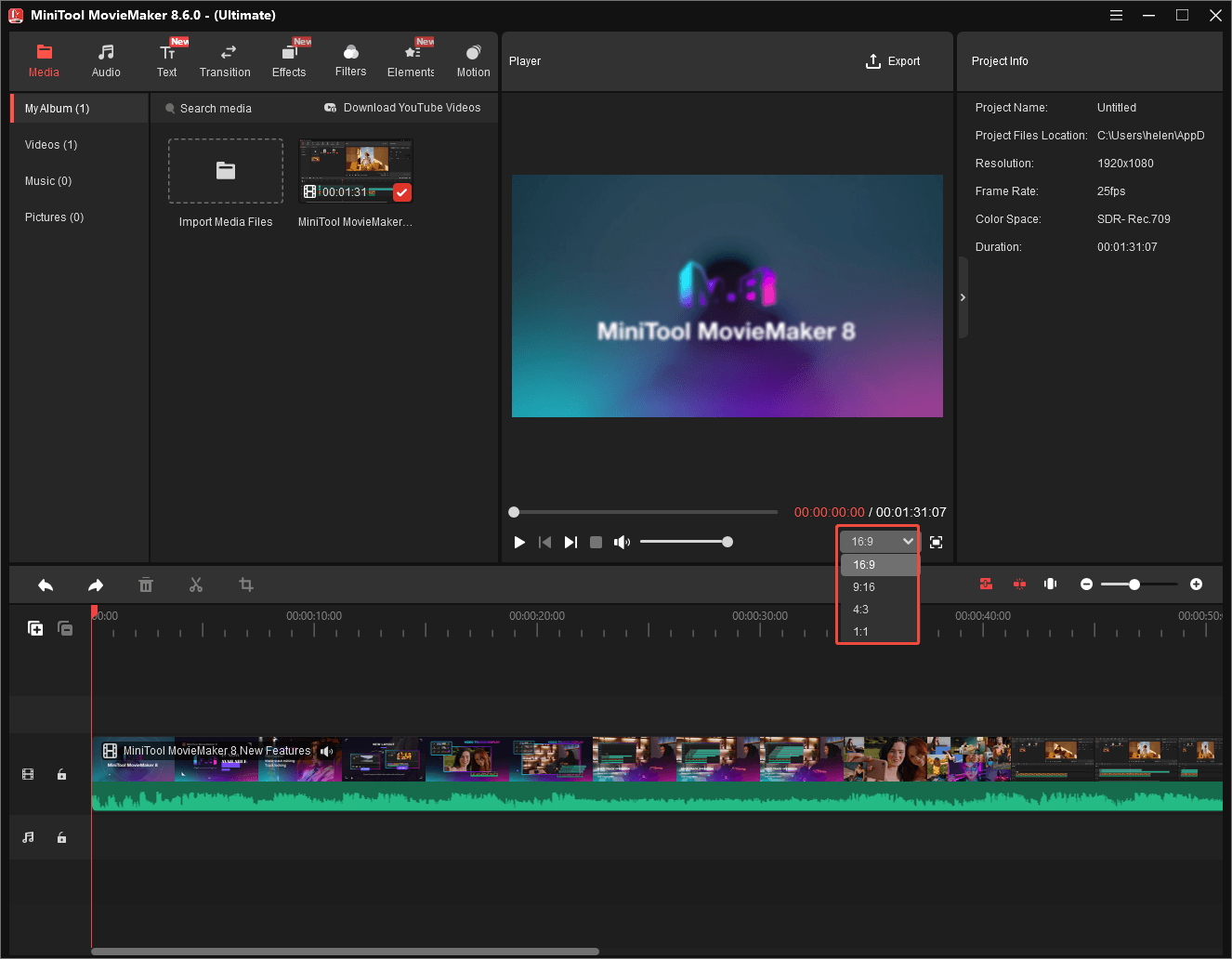 MiniTool MovieMaker interface with the canva aspect ratio list expanded and highlighted.