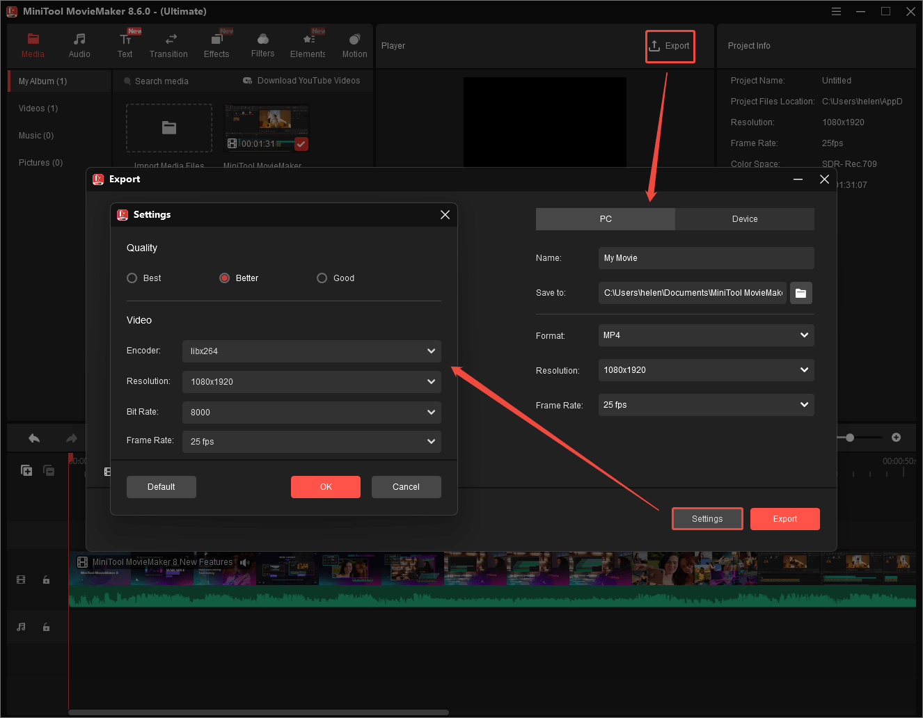 MiniTool MovieMaker interface showing how to make settings to the target video and export it.