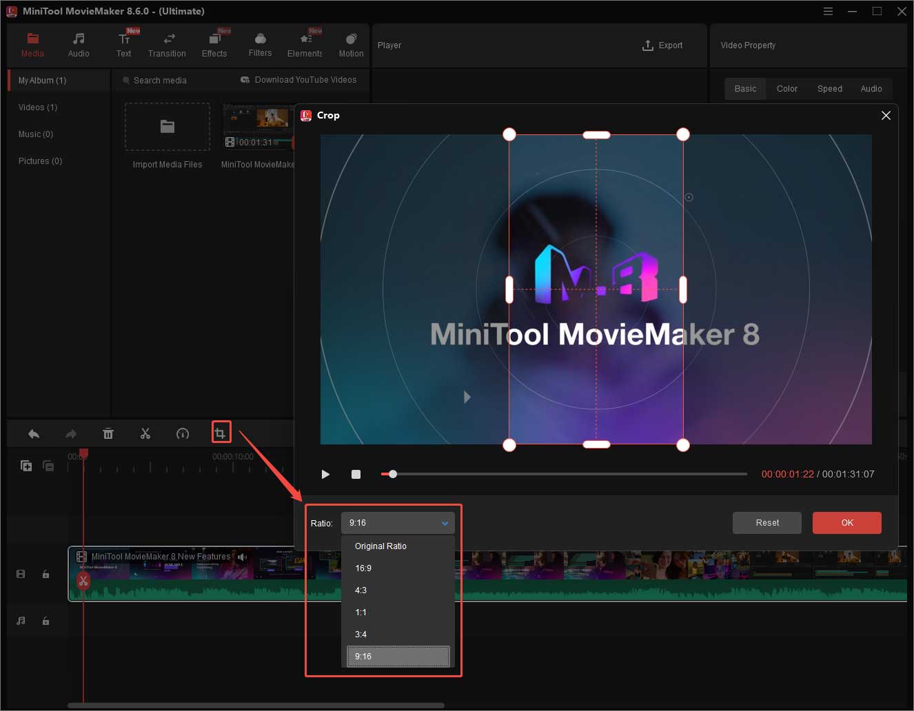MiniTool MovieMaker interface with an arrow pointing from the timeline crop icon to the ratio option list of the crop window.