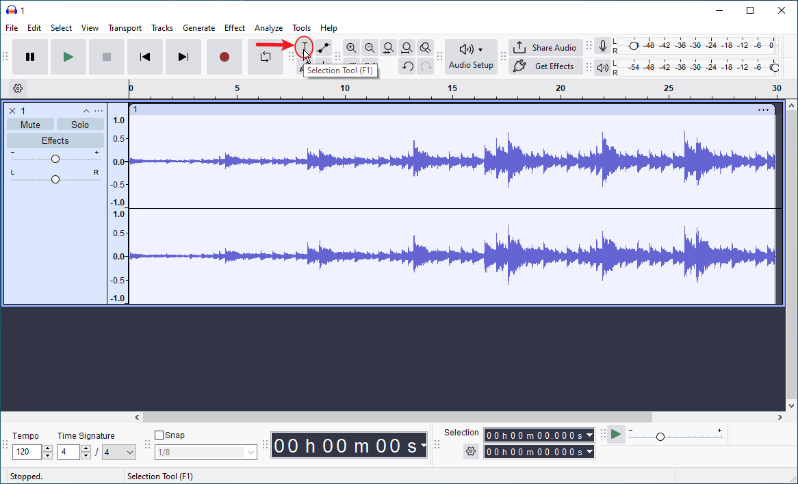 Audacity interface showing the highlighted Selection Tool on the top menu bar.