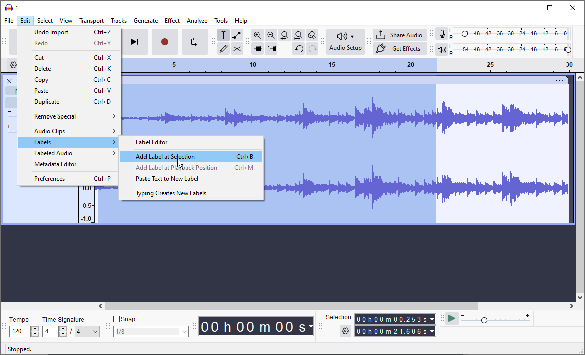 Audacity interface showing how to select the Add Label at Selection option.