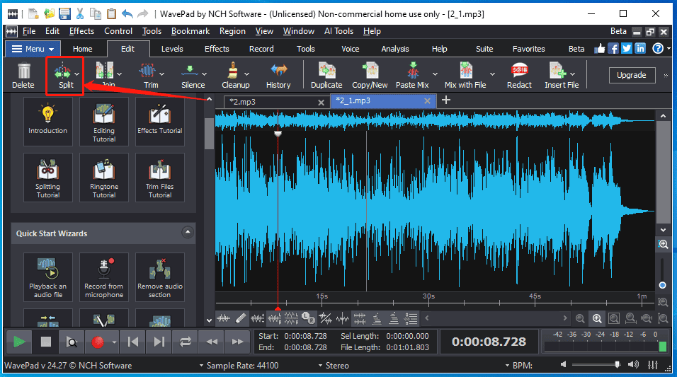 WavePad Sound Editor interface showing the selected Split tool.
