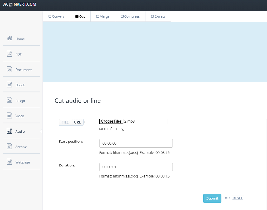 The main interface of Aconvert Online MP3 Splitter.