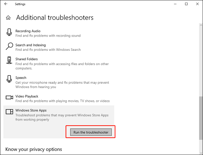 Additional troubleshooters window of Windows Settings with the Run the troubleshooter option highlighted.