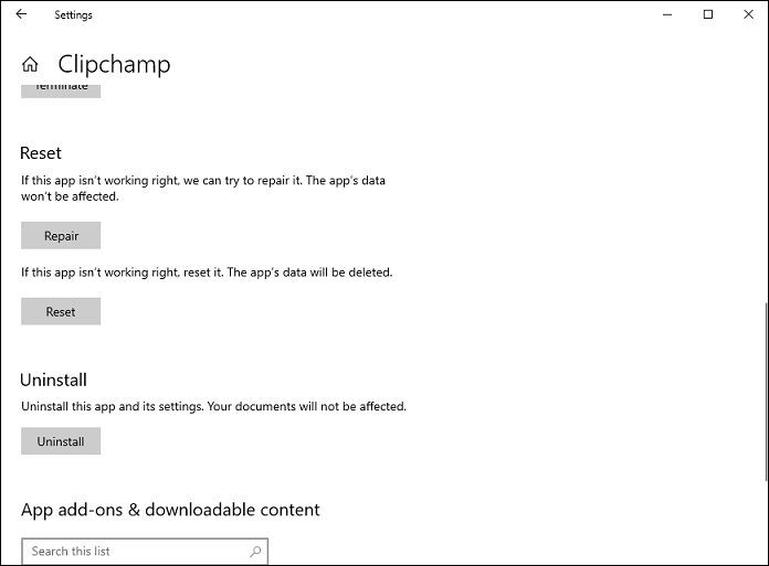 Windows Settings Clipchamp window showing the Repair, Reset, and Uninstall option.