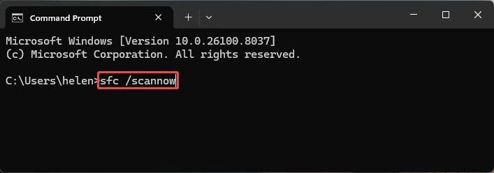 Command Prompt window with the sfc /scannow command typed in and highlighted.