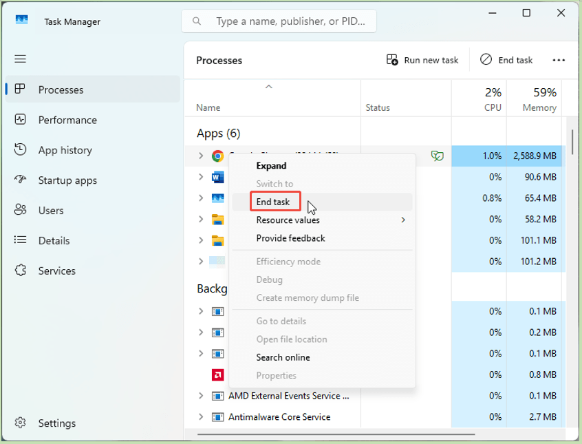 Task Manager window with one app right-clicked and the End task option selected.