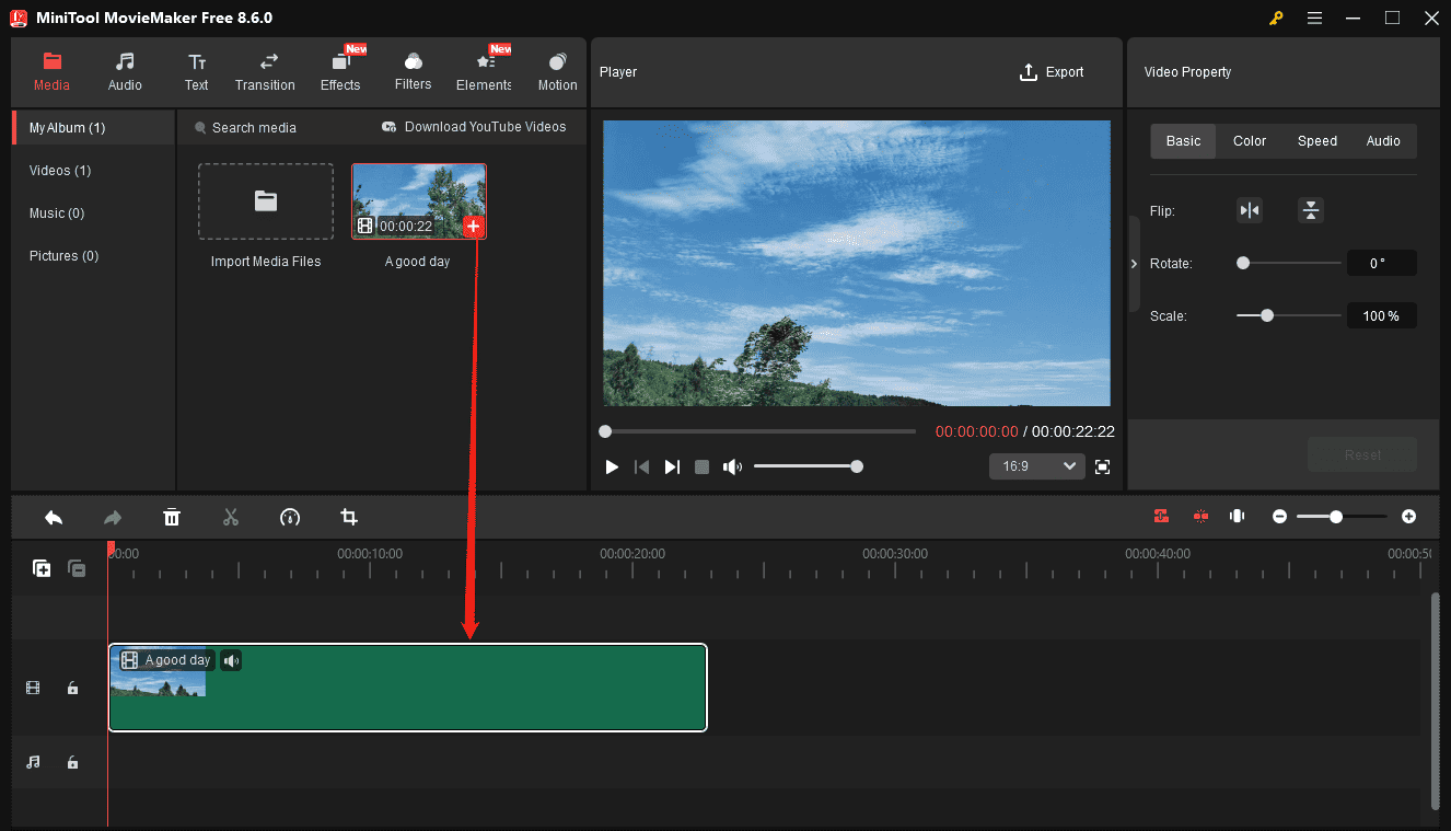 MiniTool MovieMaker interface showing how to add a video to the timeline.
