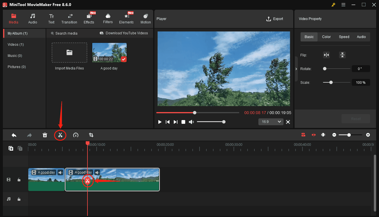 MiniTool MovieMaker interface showing how to split a video.