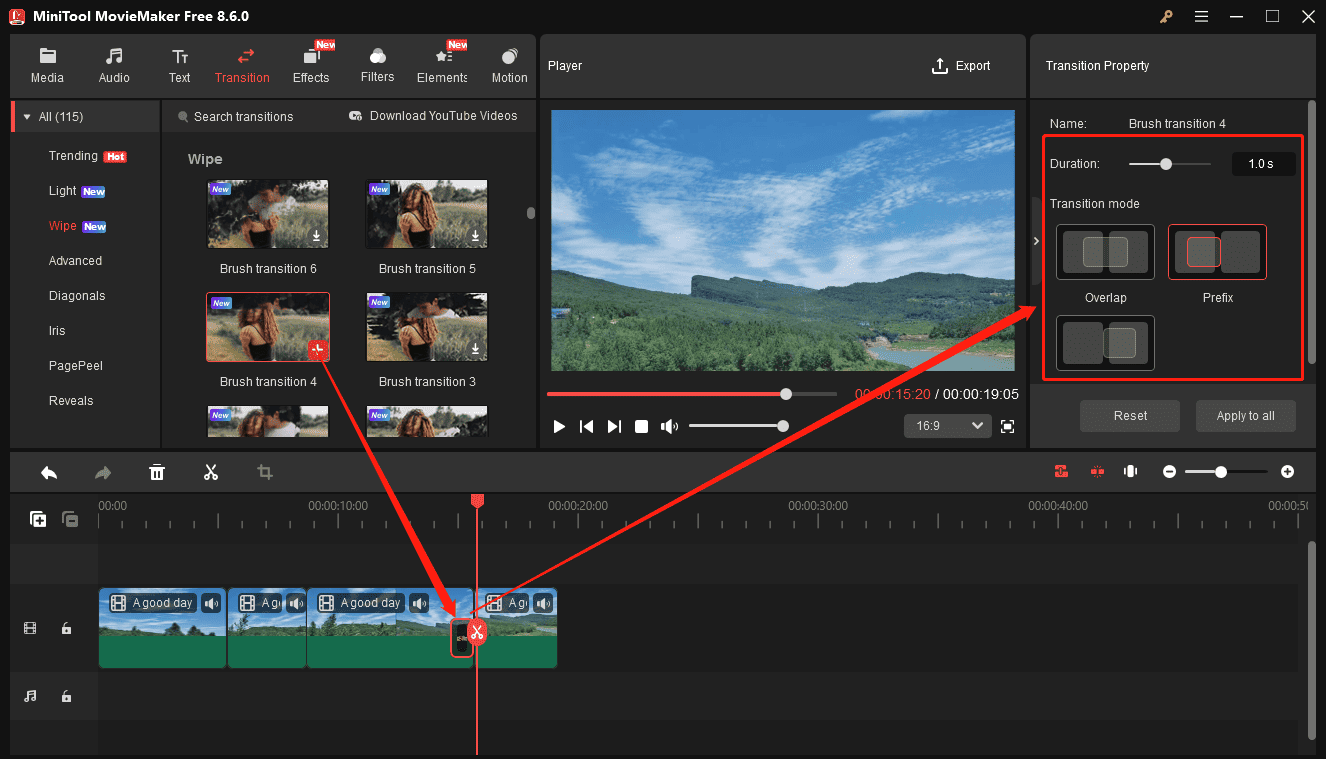 MiniTool MovieMaker interface showing how to add a transition and edit it.
