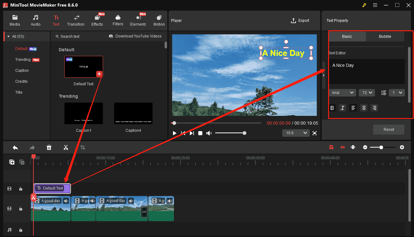 MiniTool MovieMaker interface showing how to add and edit captions.