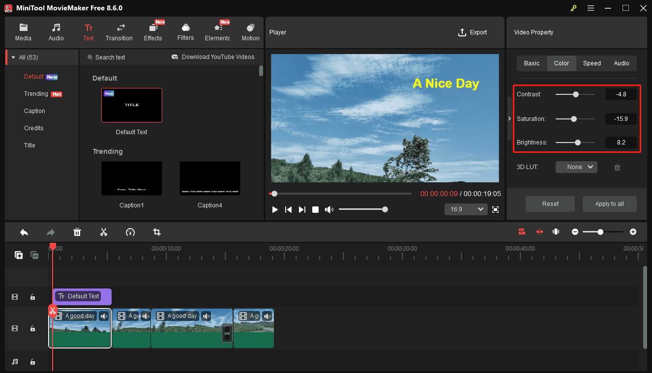 MiniTool MovieMaker interface with the selected color adjustment tools on the right panel.