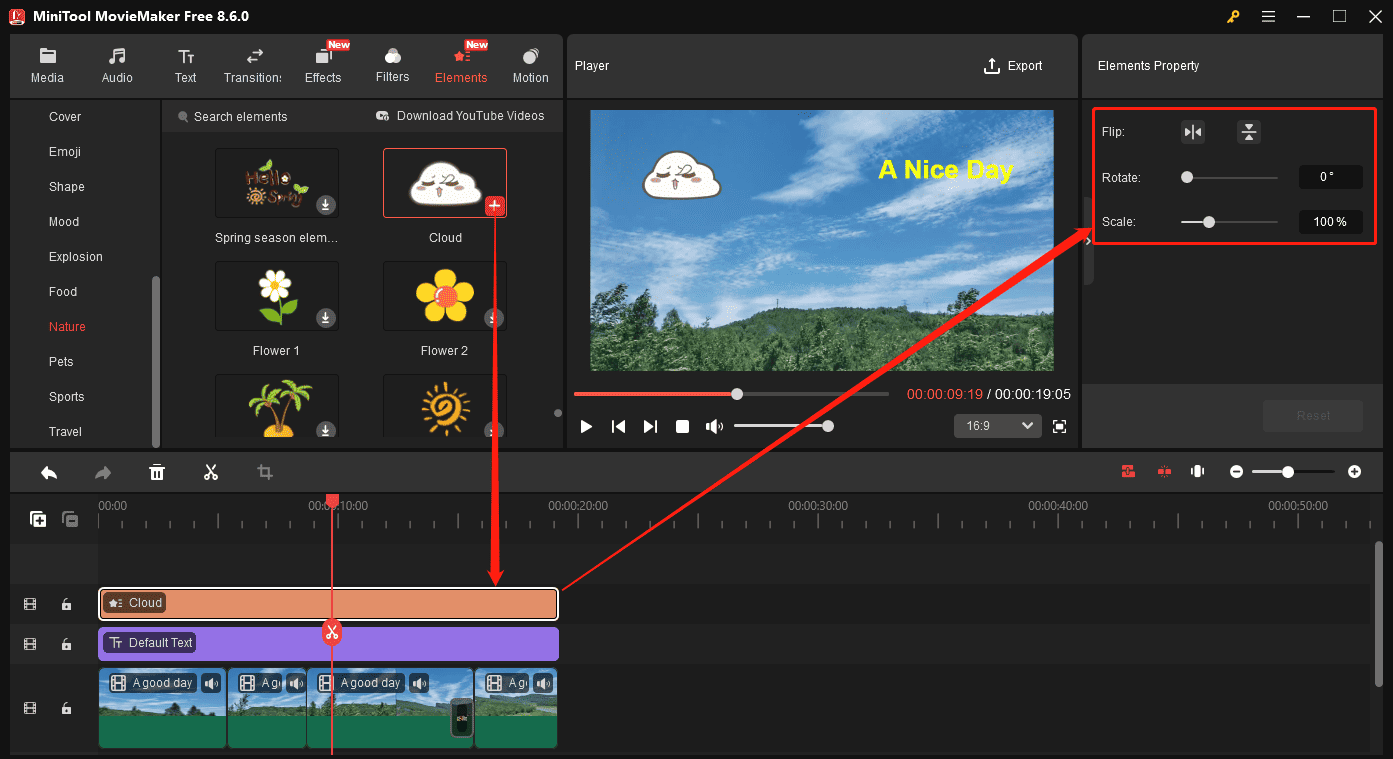 MiniTool MovieMaker interface showing how to add and edit an element.