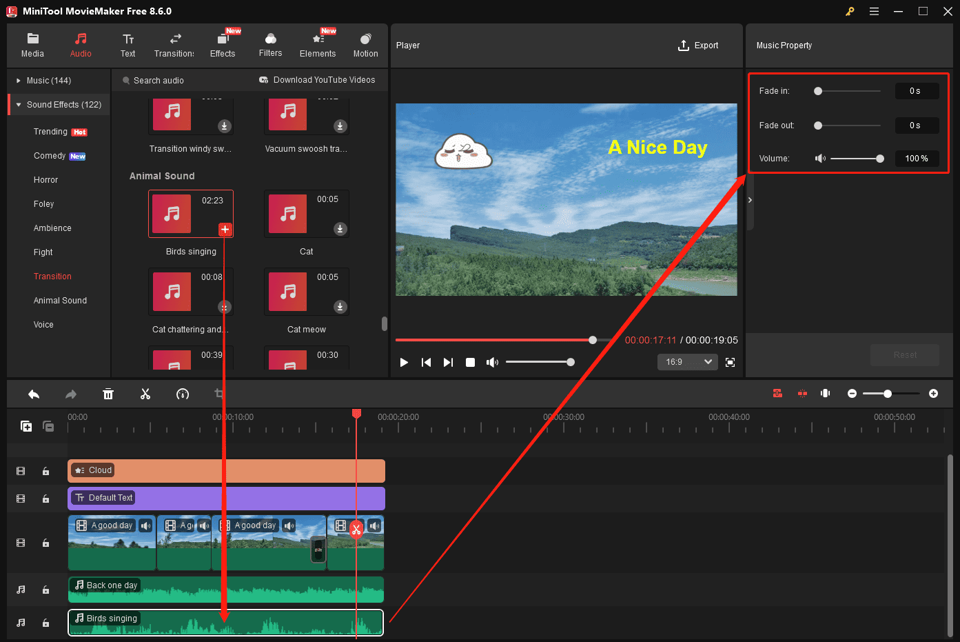 MiniTool MovieMaker interface showing how to add and edit music for the video.