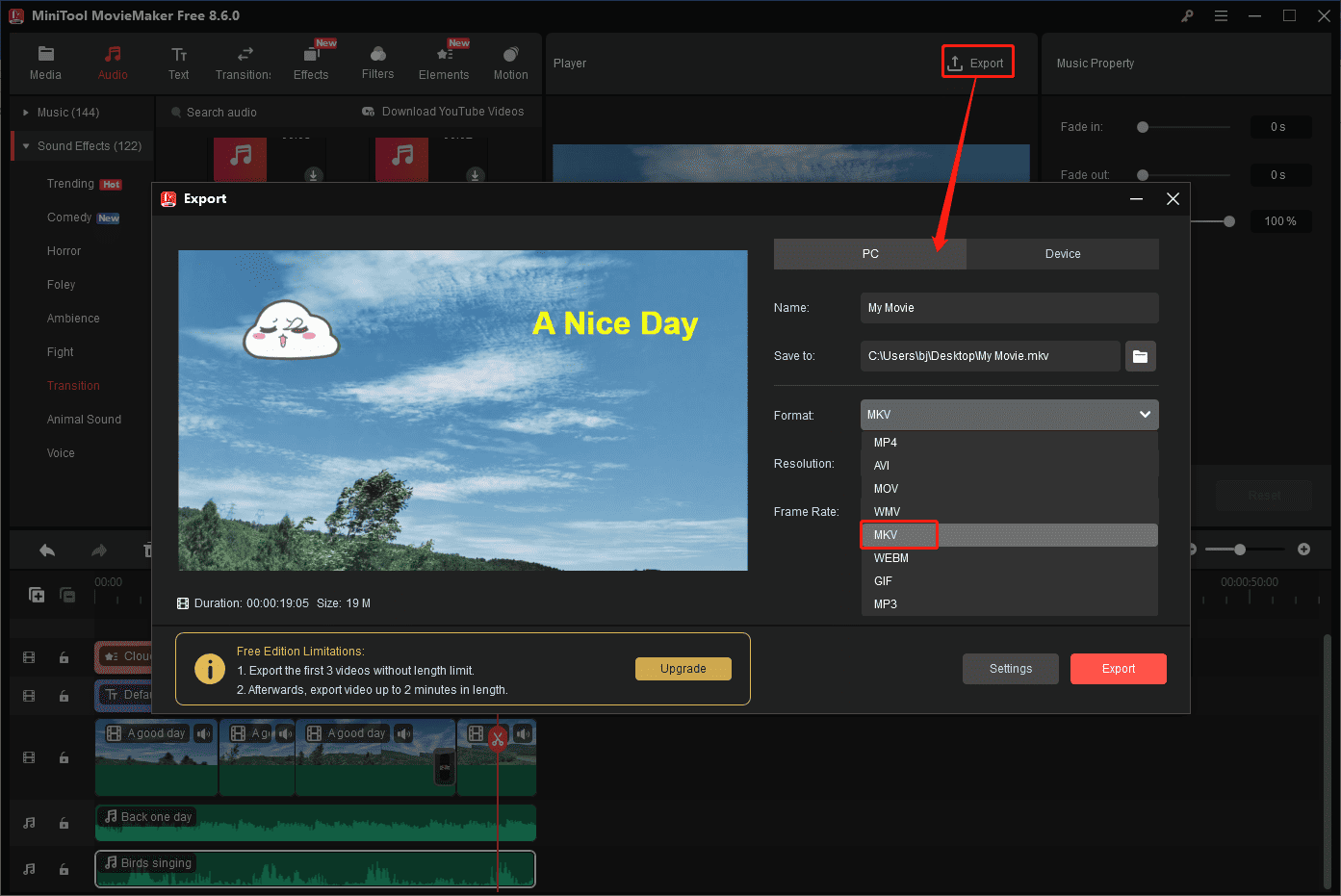 MiniTool MovieMaker interface showing how to open the Export window and set the output format.