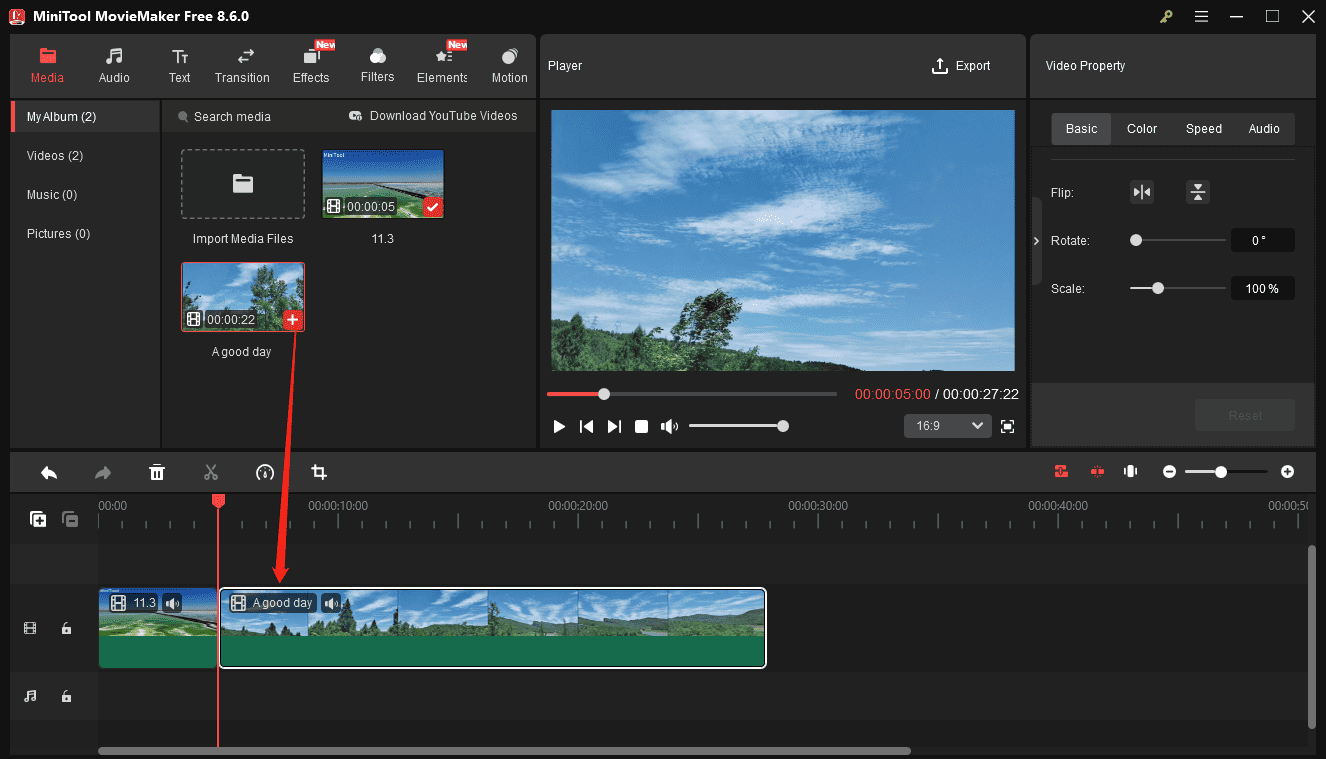 MiniTool MovieMaker interface showing how to add a video to the timeline.