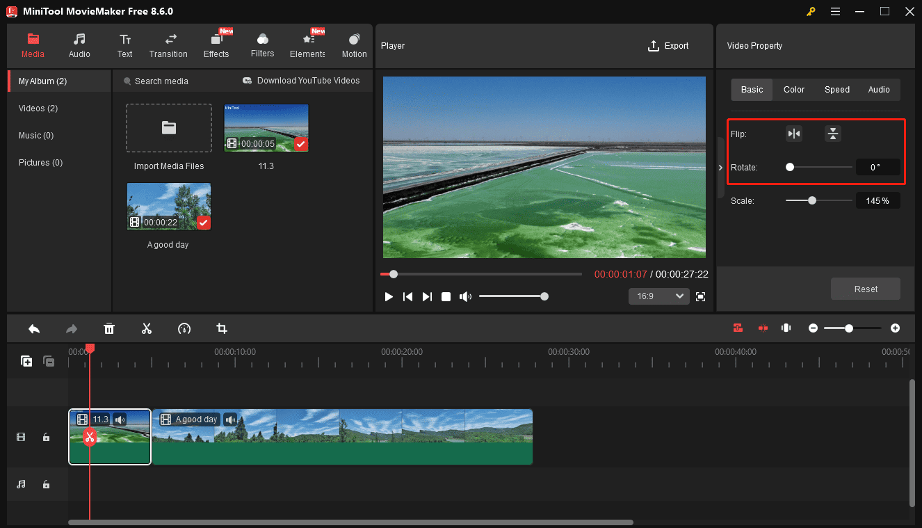 MiniTool MovieMaker interface with the highlighted Flip and Rotate tools on the right side.