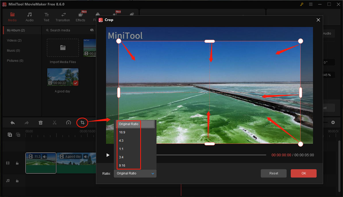 MiniTool MovieMaker interface showing how to crop a video.