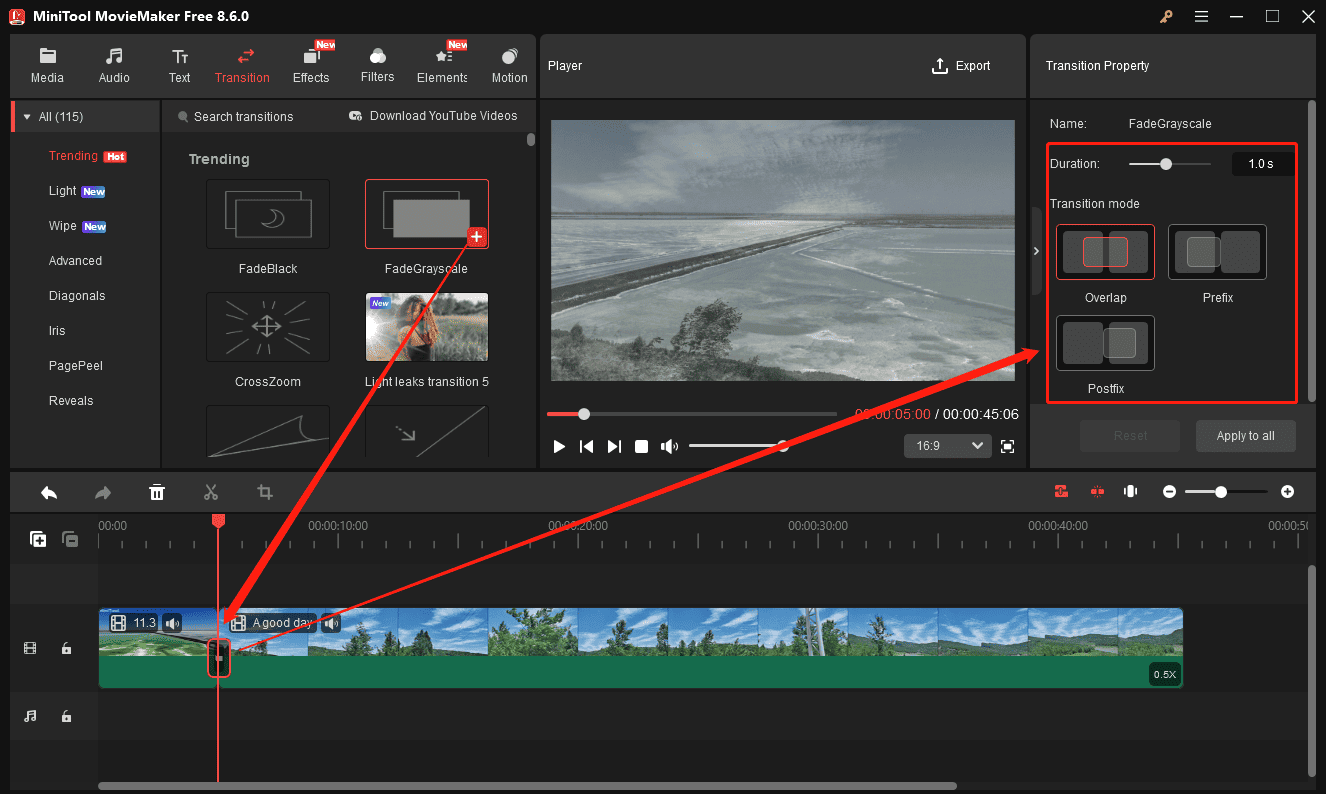 MiniTool MovieMaker interface showing how to add a transition and edit it.
